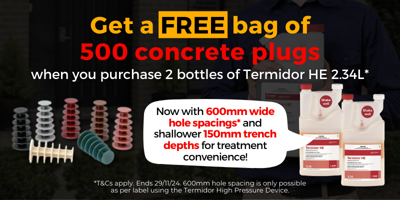 Get a FREE bag of 500 concrete plugs when you buy 2 bottles of Termidor HE