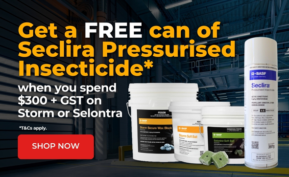 Get a free can of Seclira Pressurised Insecticide when you spend $300+GST on Storm or Selontra